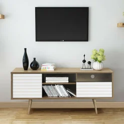 Tangkula Mid-Century Modern TV Stand for TVs up to 65 Inch, Wooden TV Console Table with Storage Shelves
