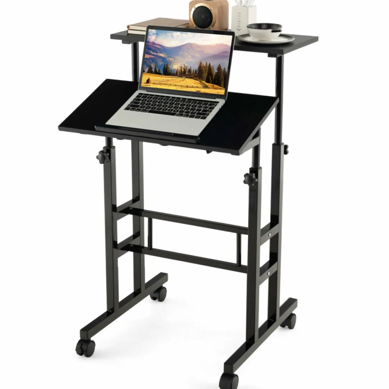 Tangkula Mobile Stand Up Desk, Adjustable Computer Desk, Height Adjustable and Special Tilting Surface Design