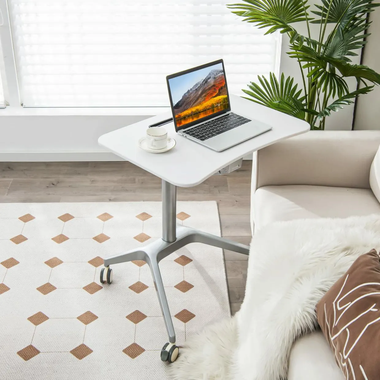 Tangkula Mobile Standing Desk, Pneumatic Sit Stand Laptop Desk with Tablet Holder & 4 Rolling Casters