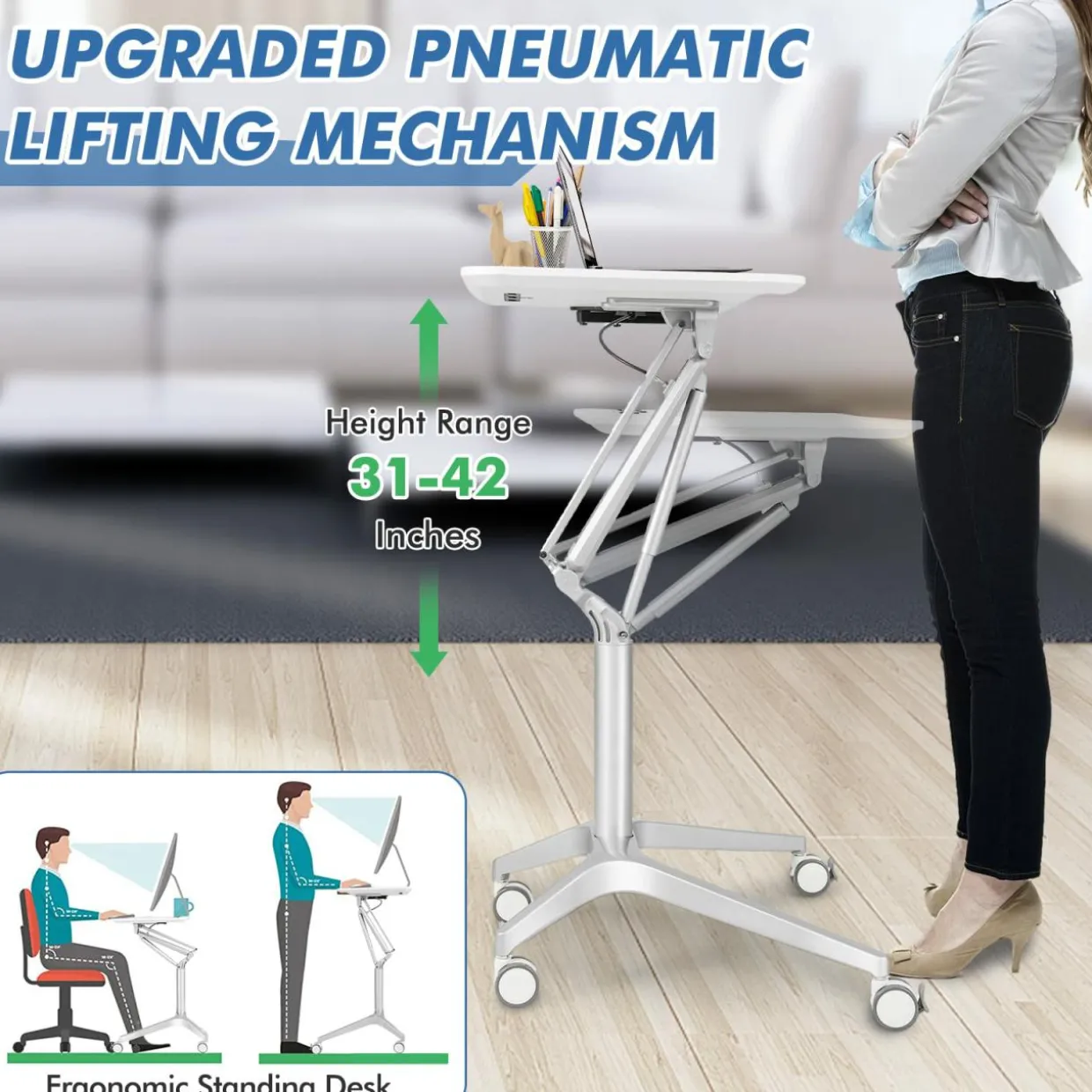 Tangkula Mobile Standing Desk, Pneumatic Sit Stand Laptop Desk with Tablet Holder & 4 Rolling Casters