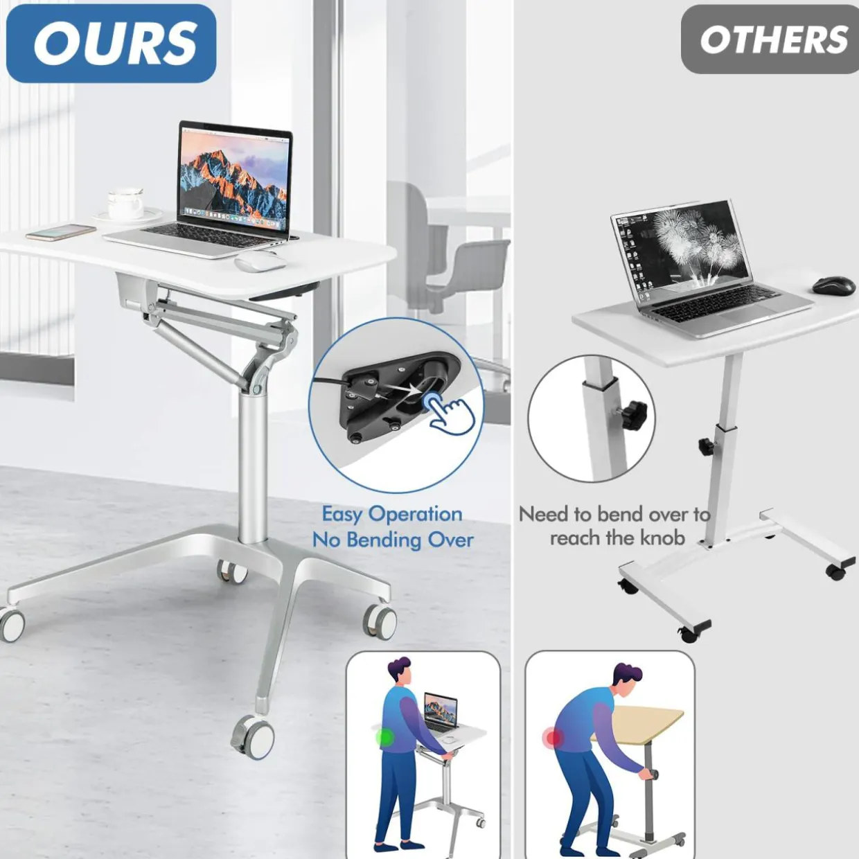 Tangkula Mobile Standing Desk, Pneumatic Sit Stand Laptop Desk with Tablet Holder & 4 Rolling Casters
