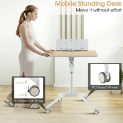 Tangkula Mobile Standing Desk, Height Adjustable Sit to Stand Desk with Detachable Holder