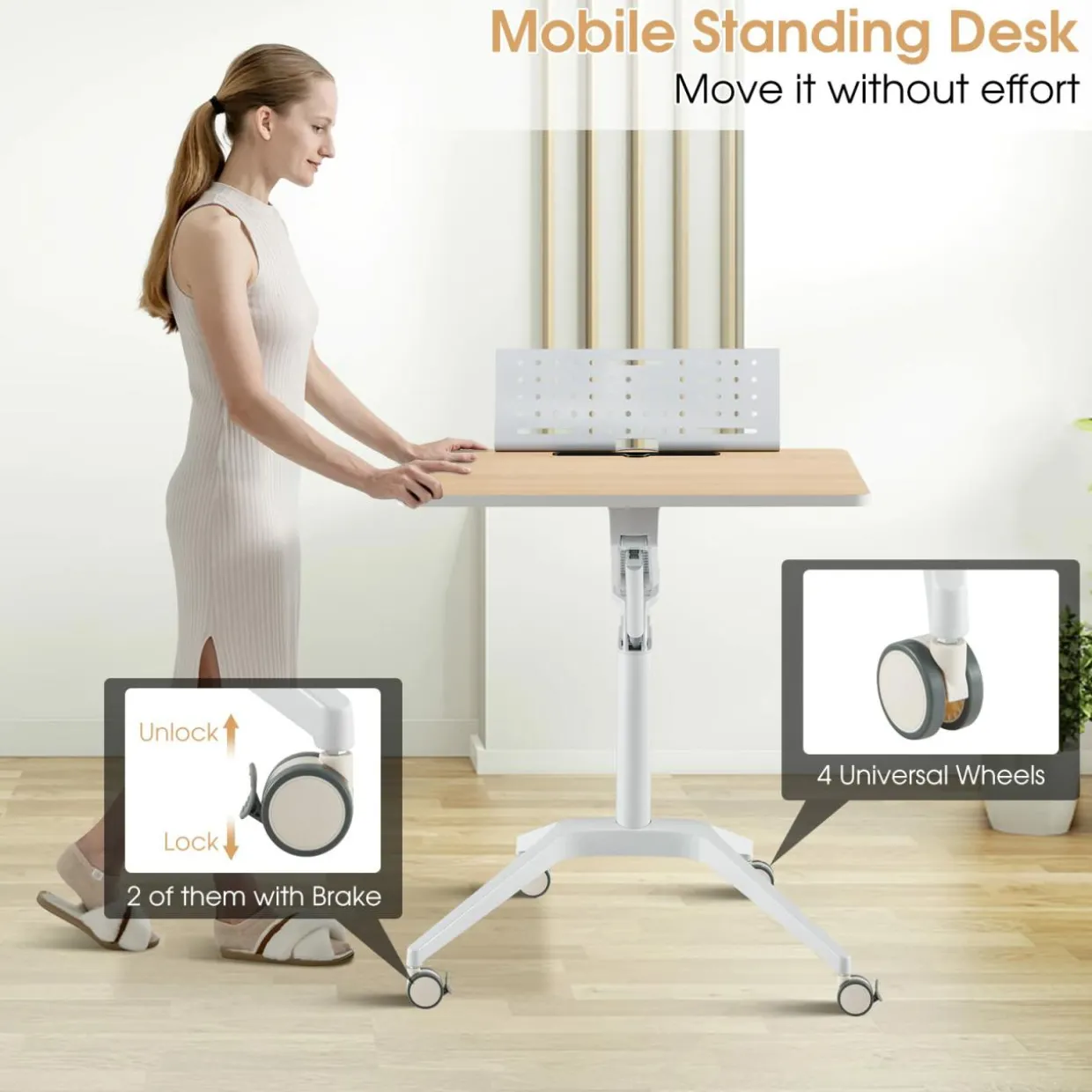 Tangkula Mobile Standing Desk, Height Adjustable Sit to Stand Desk with Detachable Holder