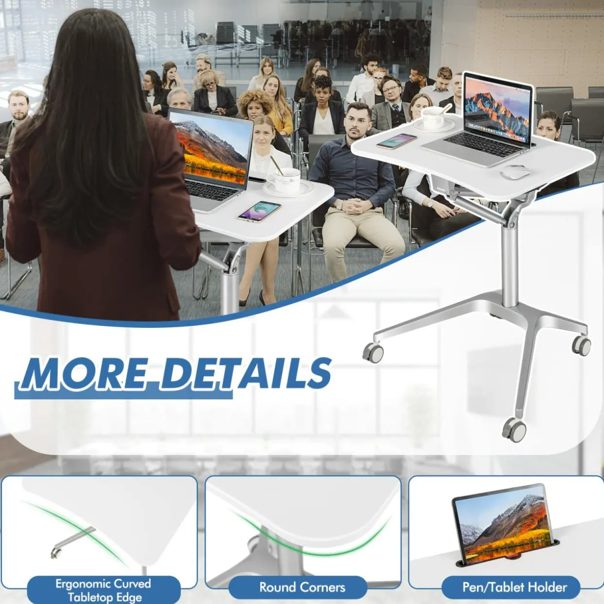 Tangkula Mobile Standing Desk, Pneumatic Sit Stand Laptop Desk with Tablet Holder & 4 Rolling Casters