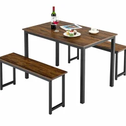 Tangkula Moccha Dining Table Set for 4, 3-Piece Modern Breakfast Table Set with 2 Benches & Metal Frame