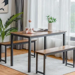 Tangkula Moccha Dining Table Set for 4, 3-Piece Modern Breakfast Table Set with 2 Benches & Metal Frame