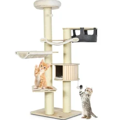 Tangkula Modern Cat Tree, Multi-Level Large Cat Tower with Sisal Scratching Posts, Hammocks, Hanging Basket