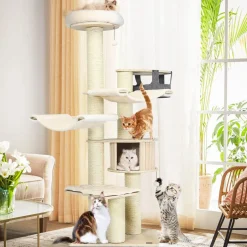 Tangkula Modern Cat Tree, Multi-Level Large Cat Tower with Sisal Scratching Posts, Hammocks, Hanging Basket