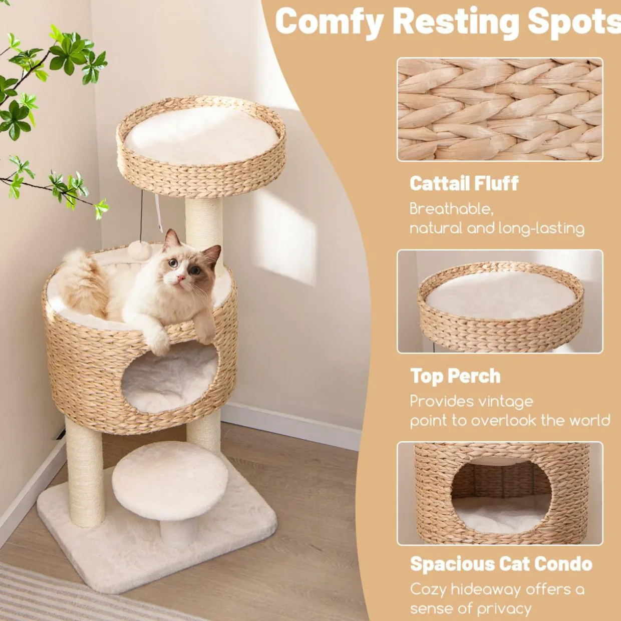 Tangkula Modern Cat Tree, 41 Inch Multi-Level Cat Tower with Cattail Fluff Condo & Top Perch