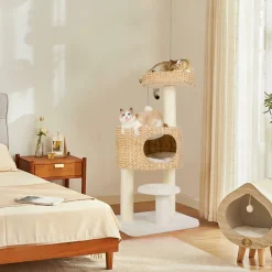 Tangkula Modern Cat Tree, 41 Inch Multi-Level Cat Tower with Cattail Fluff Condo & Top Perch