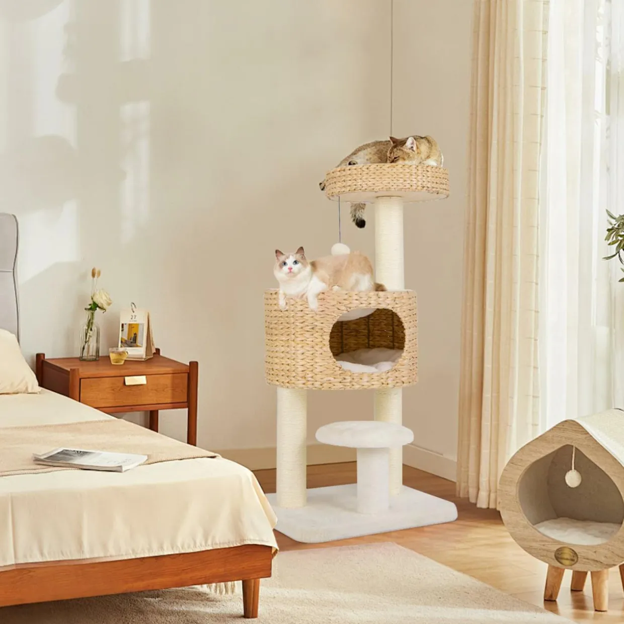 Tangkula Modern Cat Tree, 41 Inch Multi-Level Cat Tower with Cattail Fluff Condo & Top Perch