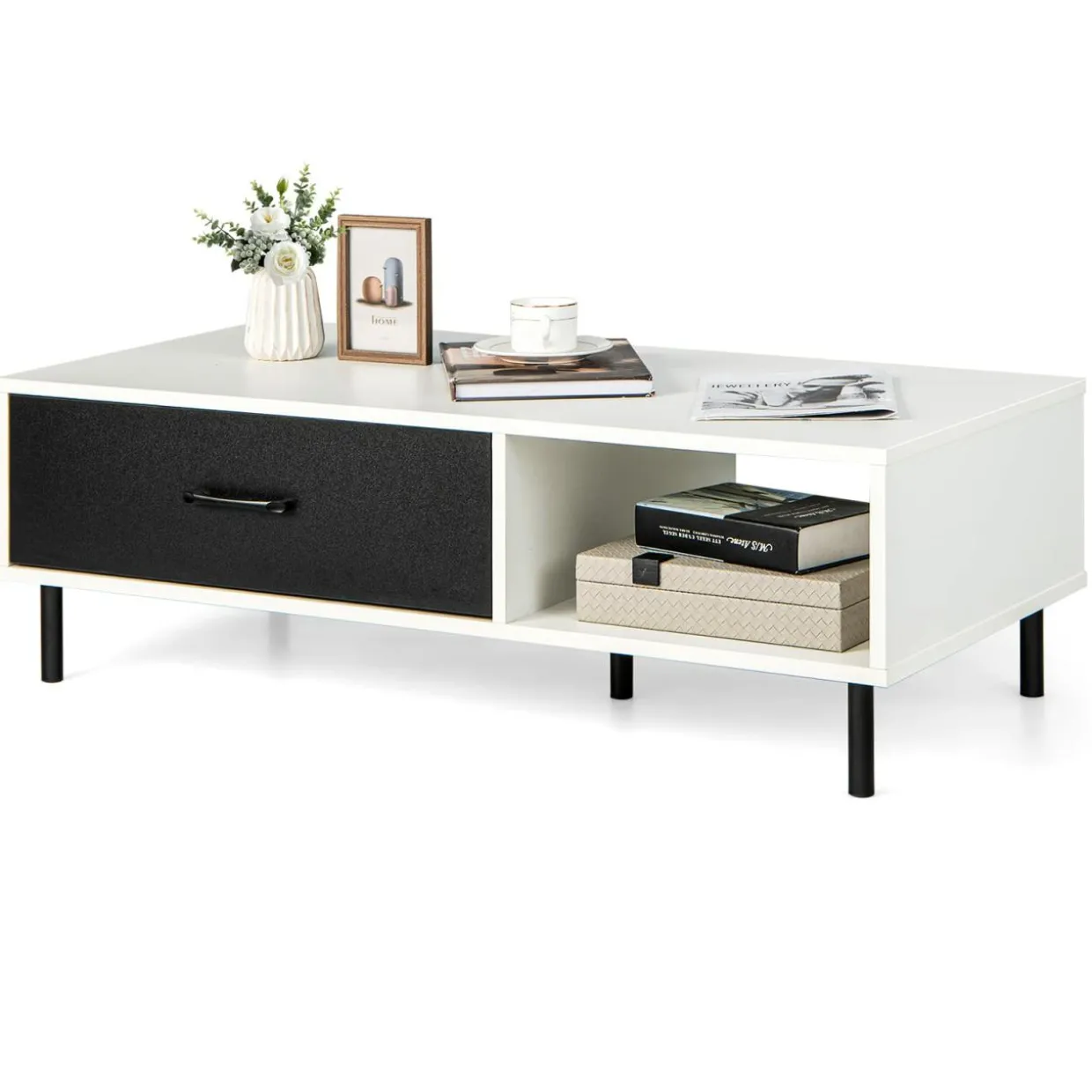 Tangkula Modern Coffee Table, Accent Center Table with Drawer & Shelf, Central Cocktail Table