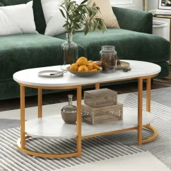 Tangkula Modern Coffee Table, 39” Oval Center Table w/White Faux Marble Top & Gold Finished Metal Frame (Modern, White, 39 Inch)