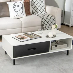 Tangkula Modern Coffee Table, Accent Center Table with Drawer & Shelf, Central Cocktail Table
