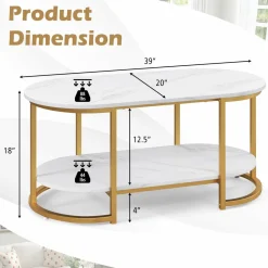 Tangkula Modern Coffee Table, 39” Oval Center Table w/White Faux Marble Top & Gold Finished Metal Frame (Modern, White, 39 Inch)