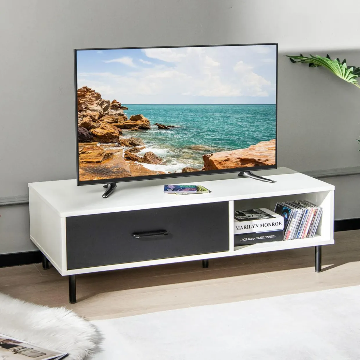 Tangkula Modern Coffee Table, Accent Center Table with Drawer & Shelf, Central Cocktail Table