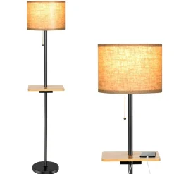 Tangkula Modern Floor Lamp with Tray Table, Indoor 3-in-1 Floor Lamp with Linen Fabric Shade & Rubber Wood Tray Table