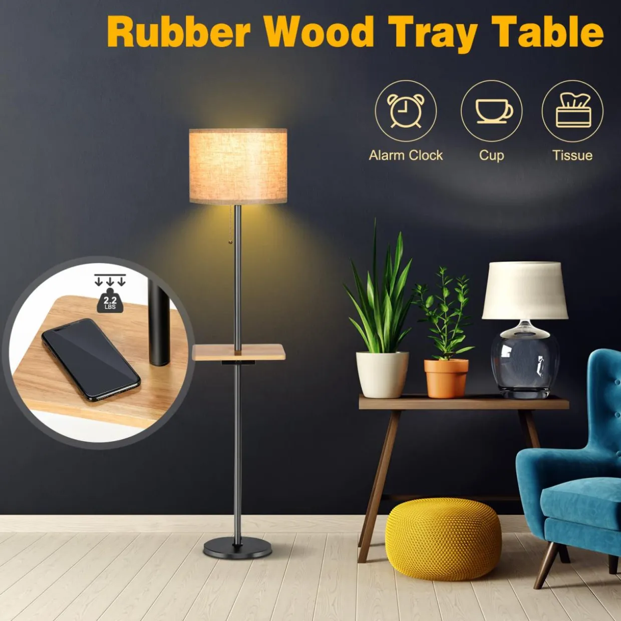 Tangkula Modern Floor Lamp with Tray Table, Indoor 3-in-1 Floor Lamp with Linen Fabric Shade & Rubber Wood Tray Table