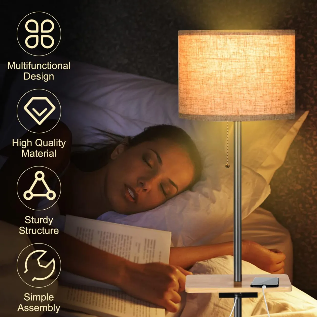Tangkula Modern Floor Lamp with Tray Table, Indoor 3-in-1 Floor Lamp with Linen Fabric Shade & Rubber Wood Tray Table