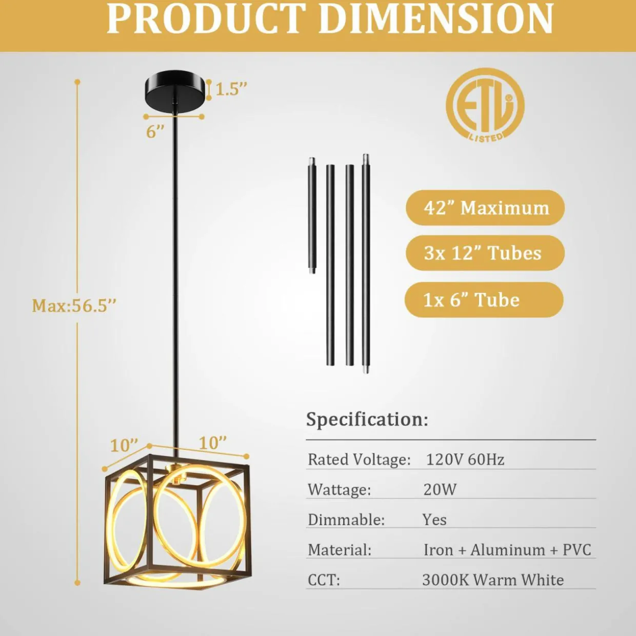 Tangkula Modern LED Pendant Light, Square Ceiling Light Fixture
