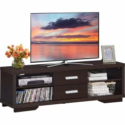 Tangkula Modern TV Stand, Wood Universal Stand for TV's up to 65" Flat Screen(Brown)