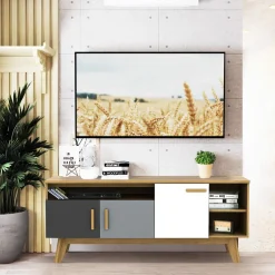 Tangkula Modern TV Stand, Wood TV Console Table for TVs up to 65 Inch, Entertainment Center with 3 Storage Cabinets (Natural)