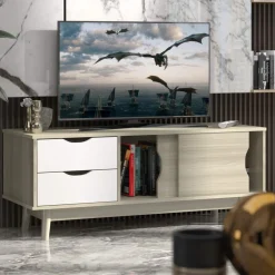 Tangkula Modern TV Stand for Flat TVs Up to 60 Inches, Wood TV Console Table w/ 2 Drawers & 2 Sliding Doors