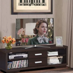 Tangkula Modern TV Stand, Wood Universal Stand for TV's up to 65" Flat Screen(Brown)