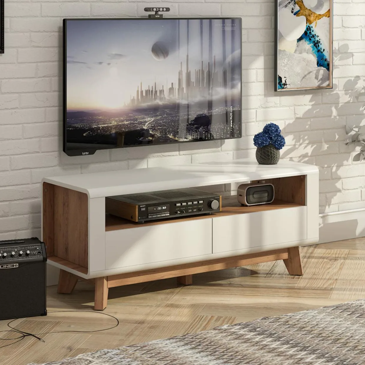 Tangkula Modern TV Stand with Drawers, Wood Entertainment Center for TVs up to 50 Inch