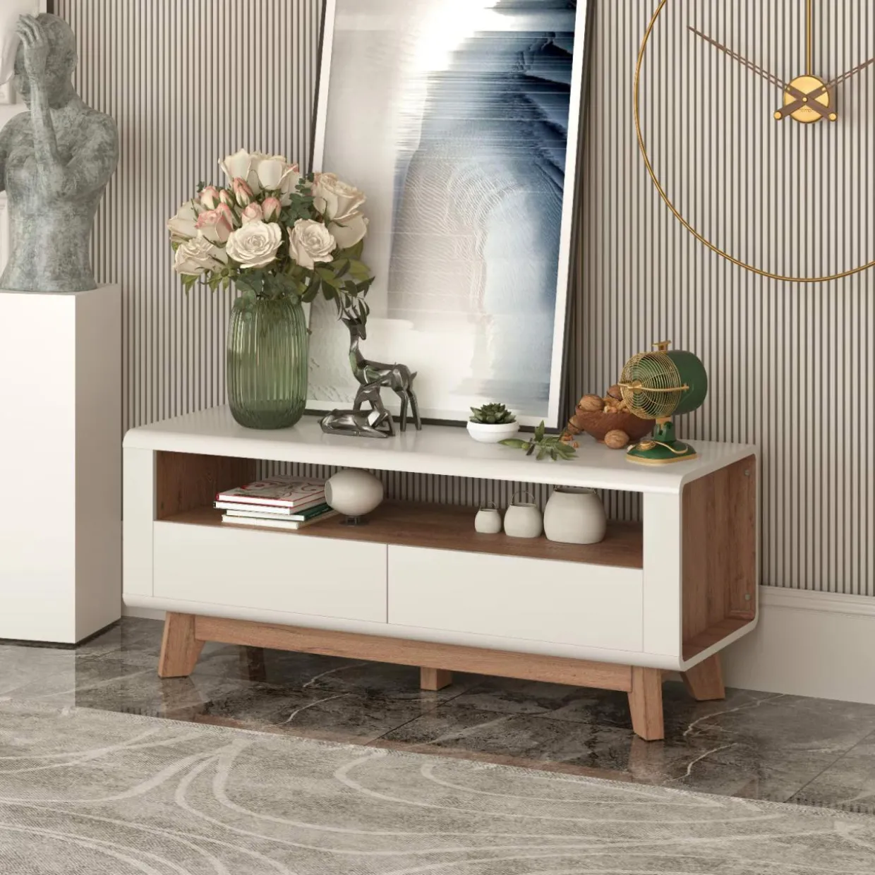 Tangkula Modern TV Stand with Drawers, Wood Entertainment Center for TVs up to 50 Inch