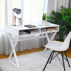 Tangkula Modern White Computer Desk with Storage Space