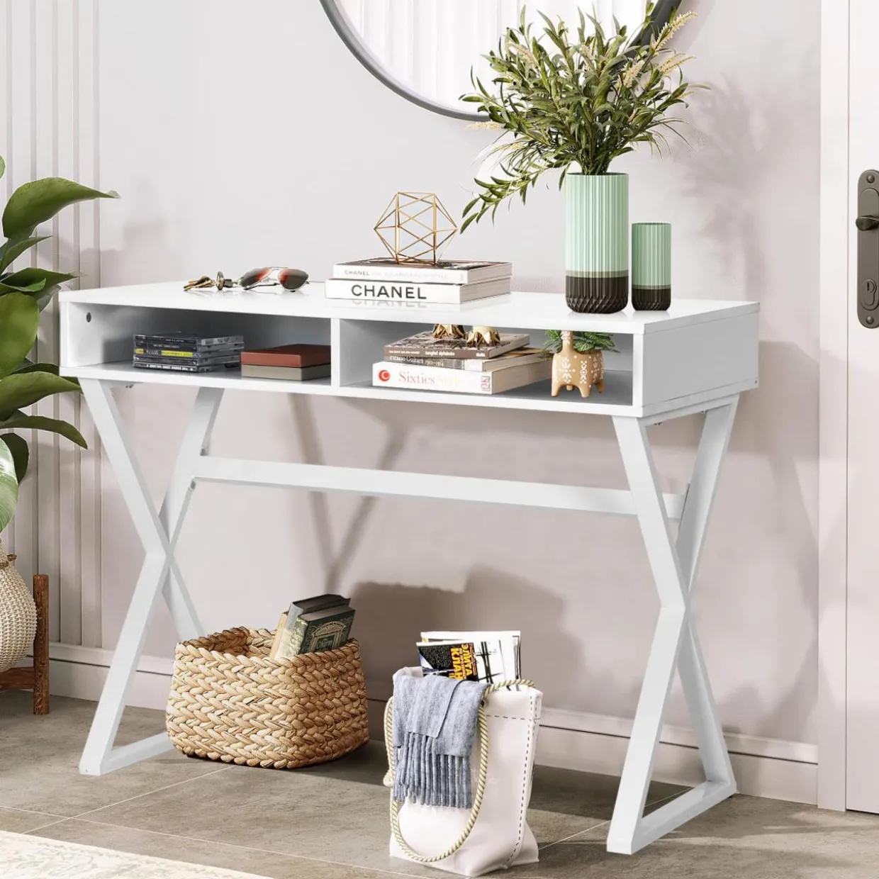 Tangkula Modern White Computer Desk with Storage Space