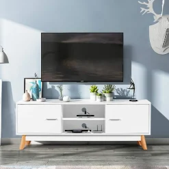 Tangkula Modern White TV Stand, Wooden TV Stand for 60 Inch TV, with 2 Storage Cabinets & 2 Open Shelves