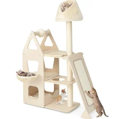 Tangkula Modern Wood Cat Tree for Indoor Cats, 64 Inch Multi-Level Tall Cat Tree with Scratching Rotatable Ball & Posts