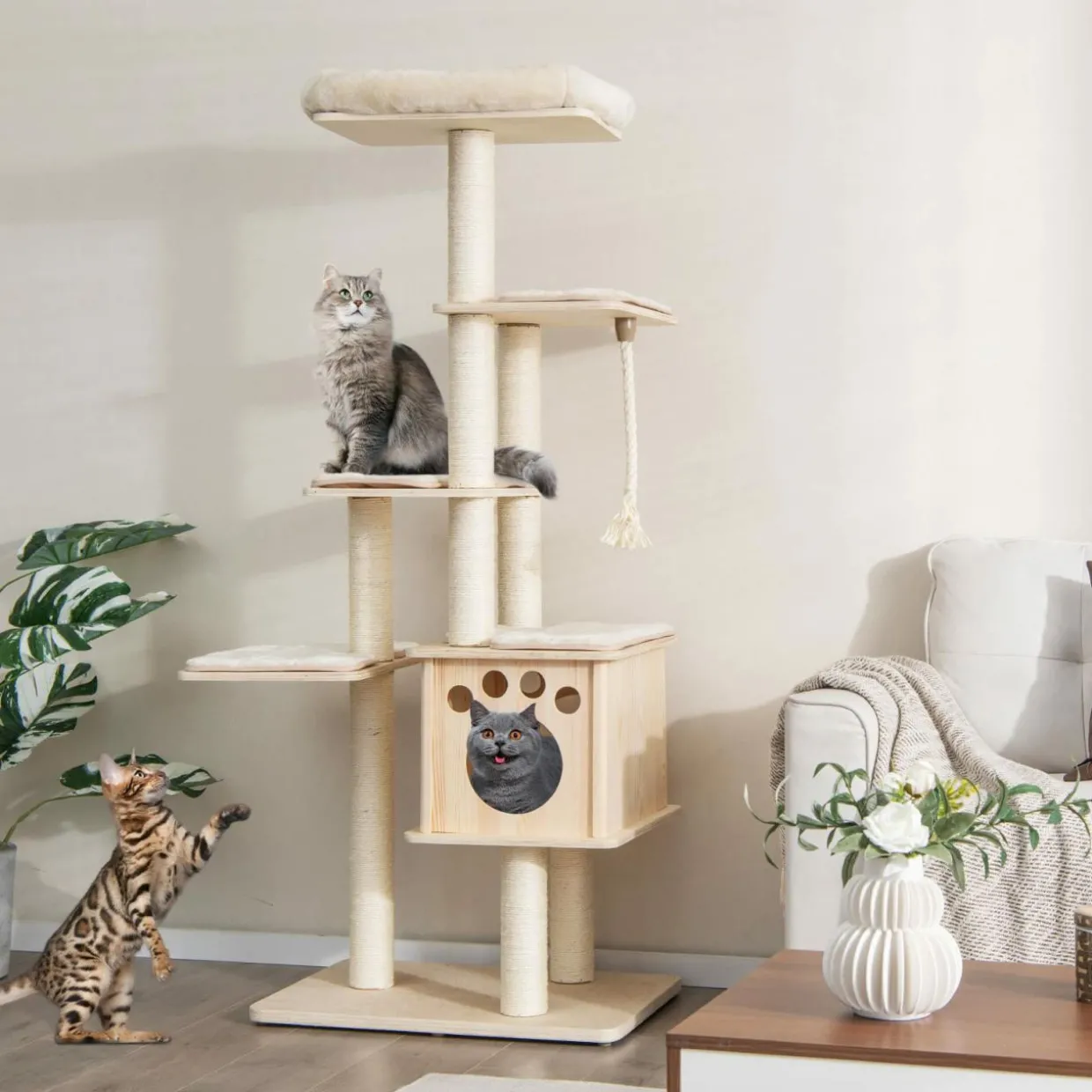 Tangkula Modern Wood Cat Tree, 67 Inch Multi-Level Tall Cat Tree Tower
