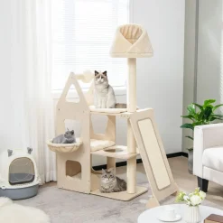 Tangkula Modern Wood Cat Tree for Indoor Cats, 64 Inch Multi-Level Tall Cat Tree with Scratching Rotatable Ball & Posts