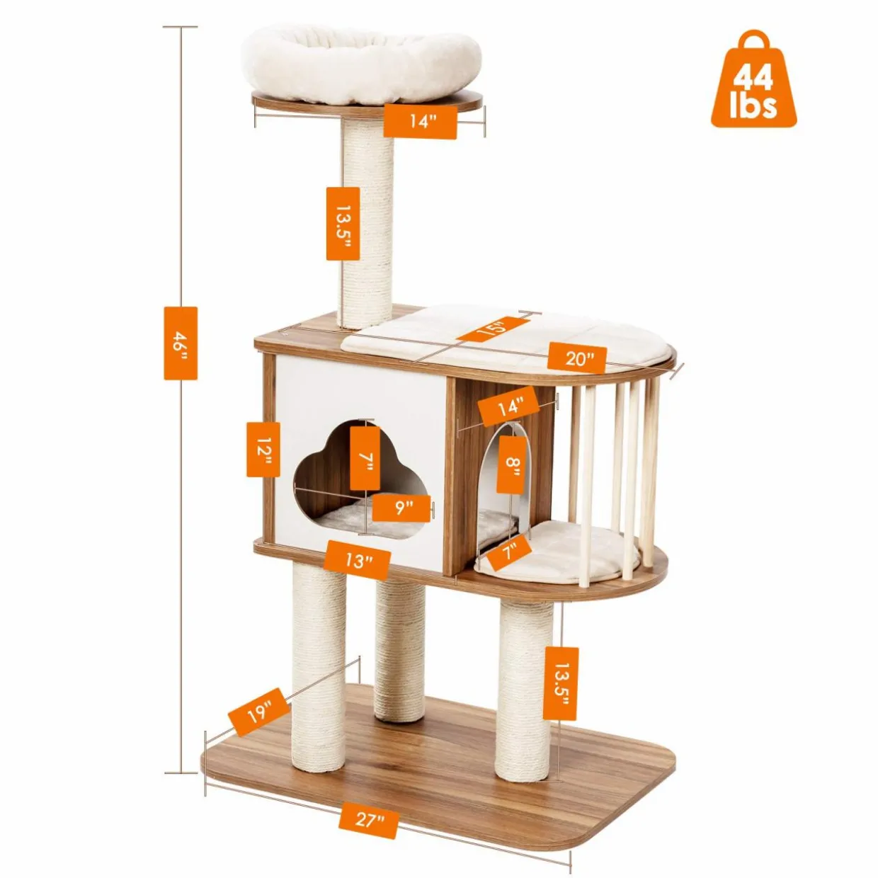 Tangkula Modern Wood Cat Tree, 46 Inches Cat Tower with Platform, Cat Activity Center with Scratching Posts and Washable Cushions