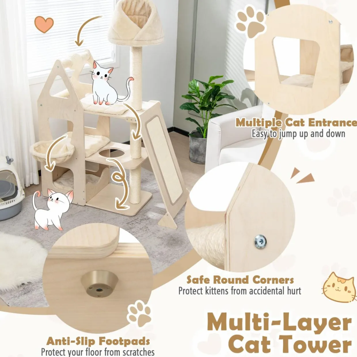 Tangkula Modern Wood Cat Tree for Indoor Cats, 64 Inch Multi-Level Tall Cat Tree with Scratching Rotatable Ball & Posts