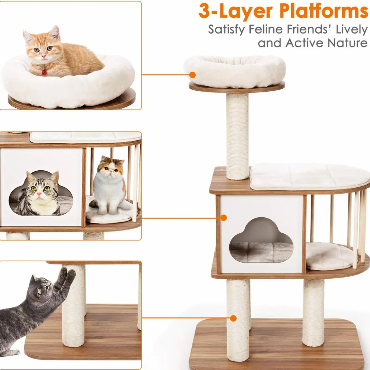 Tangkula Modern Wood Cat Tree, 46 Inches Cat Tower with Platform, Cat Activity Center with Scratching Posts and Washable Cushions