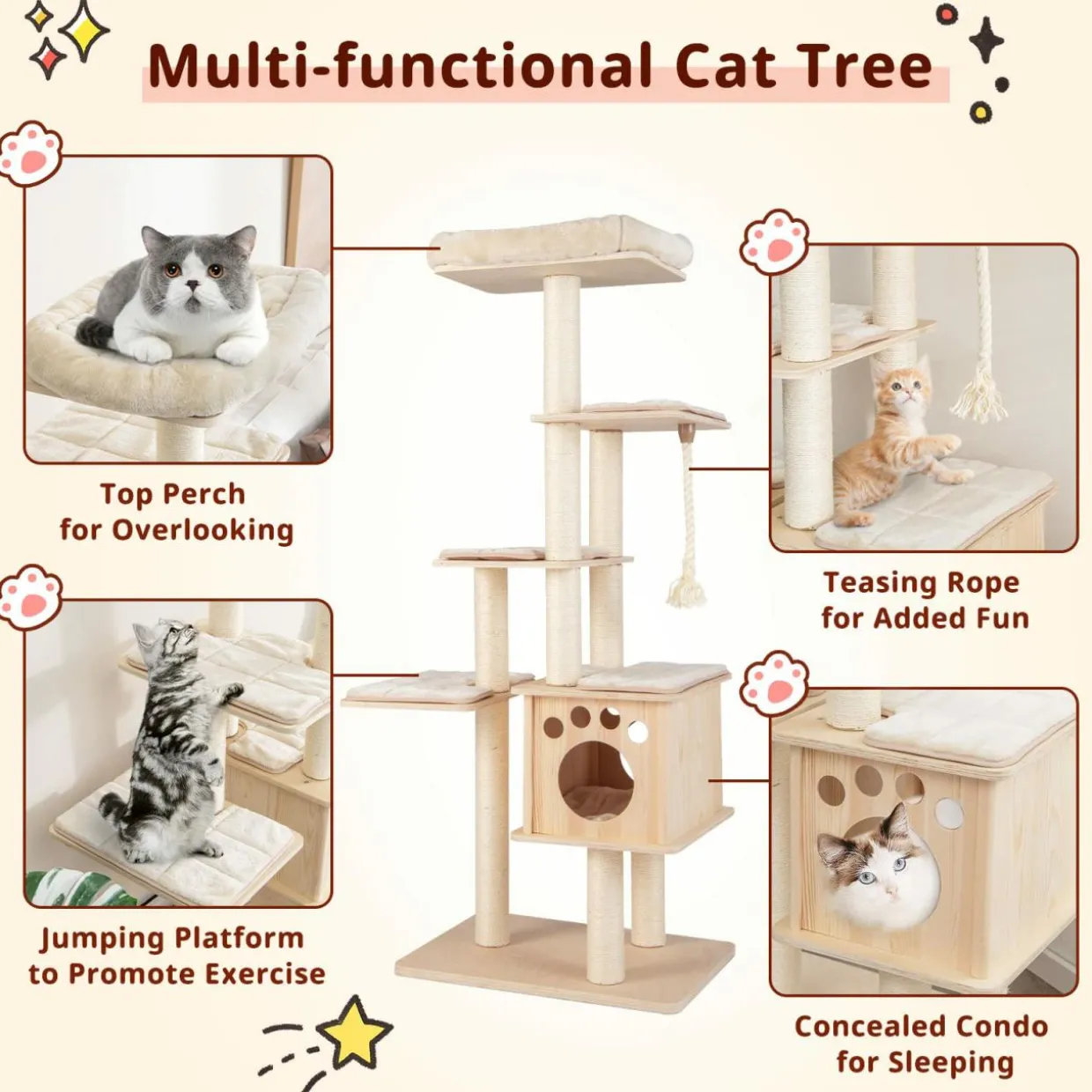 Tangkula Modern Wood Cat Tree, 67 Inch Multi-Level Tall Cat Tree Tower