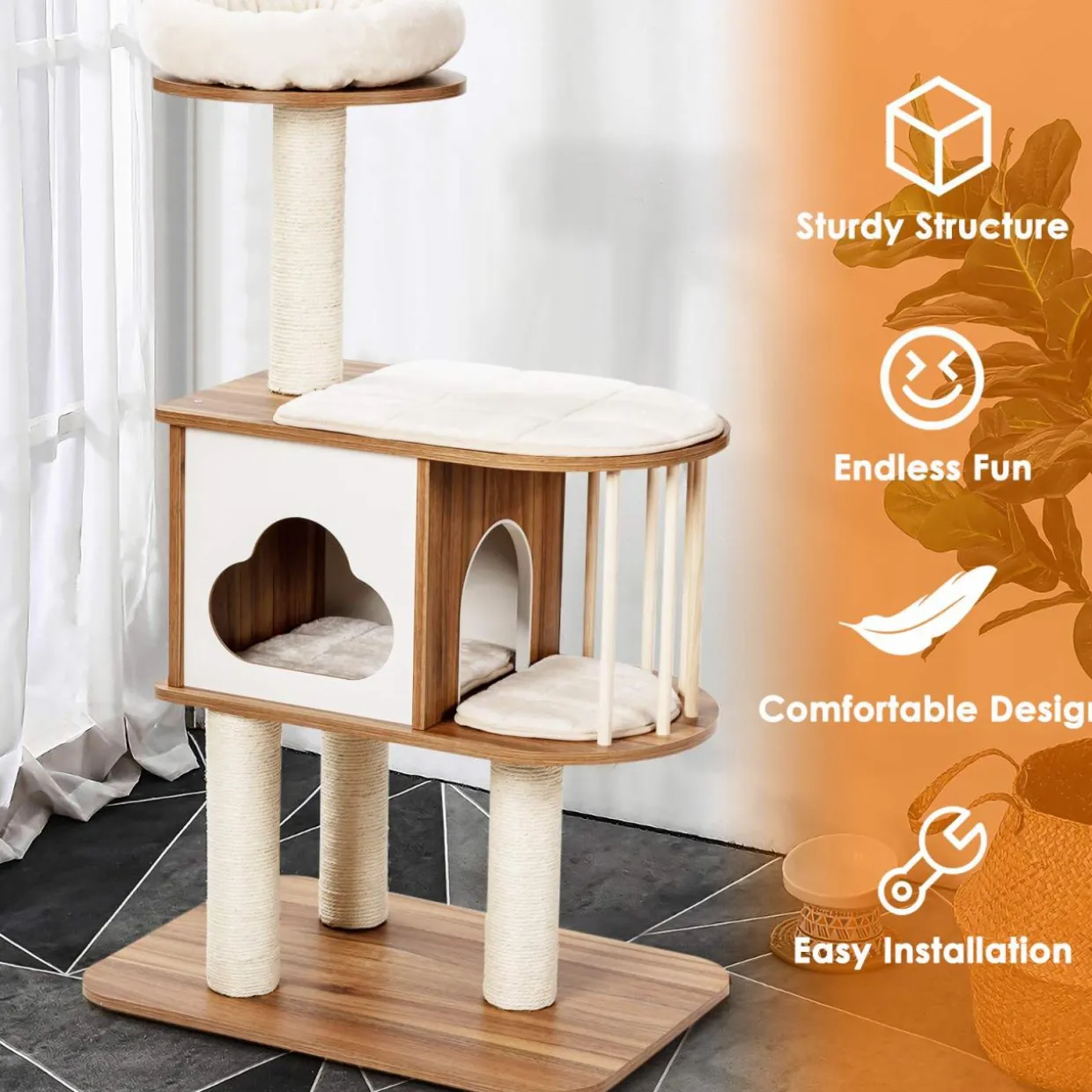 Tangkula Modern Wood Cat Tree, 46 Inches Cat Tower with Platform, Cat Activity Center with Scratching Posts and Washable Cushions