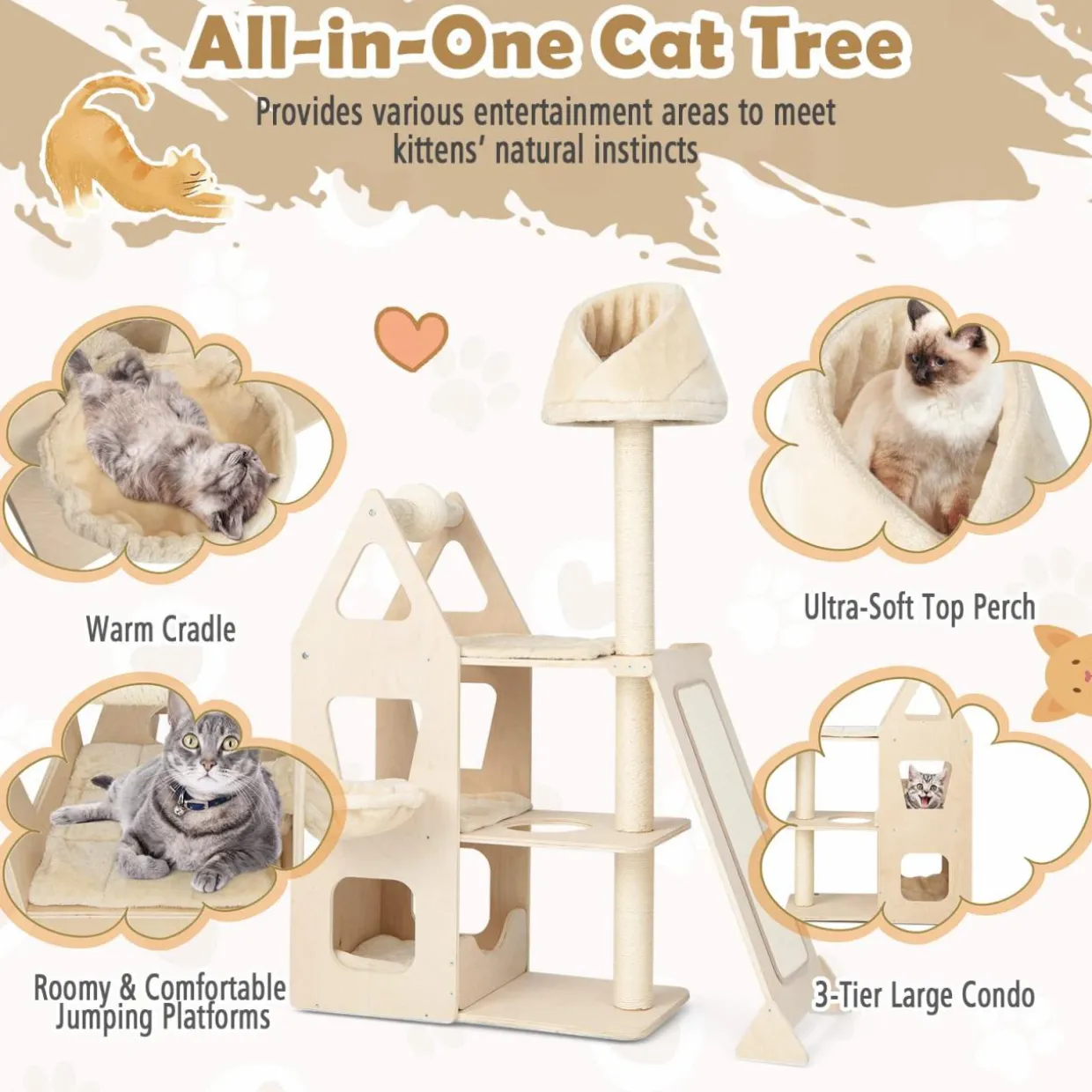 Tangkula Modern Wood Cat Tree for Indoor Cats, 64 Inch Multi-Level Tall Cat Tree with Scratching Rotatable Ball & Posts