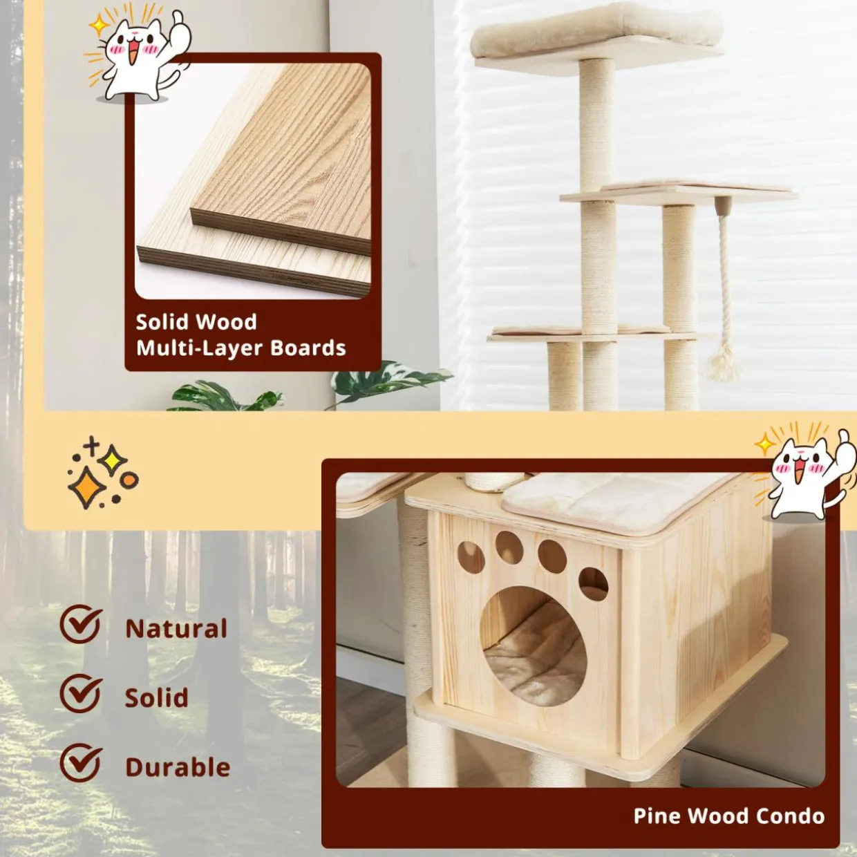 Tangkula Modern Wood Cat Tree, 67 Inch Multi-Level Tall Cat Tree Tower