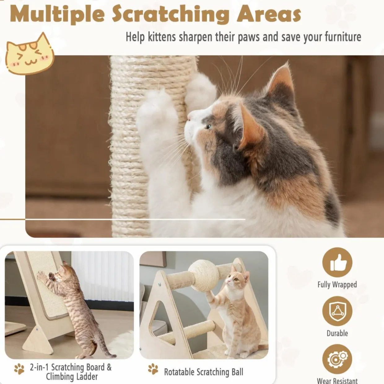 Tangkula Modern Wood Cat Tree for Indoor Cats, 64 Inch Multi-Level Tall Cat Tree with Scratching Rotatable Ball & Posts