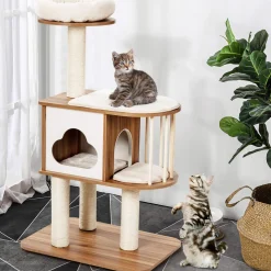 Tangkula Modern Wood Cat Tree, 46 Inches Cat Tower with Platform, Cat Activity Center with Scratching Posts and Washable Cushions
