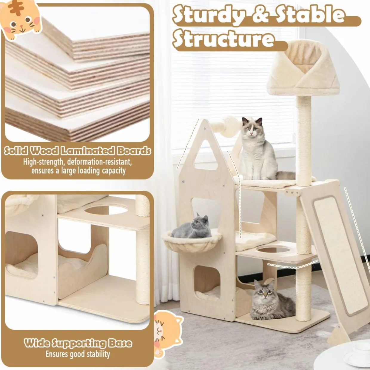 Tangkula Modern Wood Cat Tree for Indoor Cats, 64 Inch Multi-Level Tall Cat Tree with Scratching Rotatable Ball & Posts