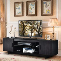 Tangkula Modern Wood Universal TV Stand for TV up to 65", Media Console with 2 Storage Cabinets & Open Shelves