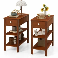 Tangkula Narrow End Table Set of 2, 24.5”H Farmhouse Side Table with Drawer