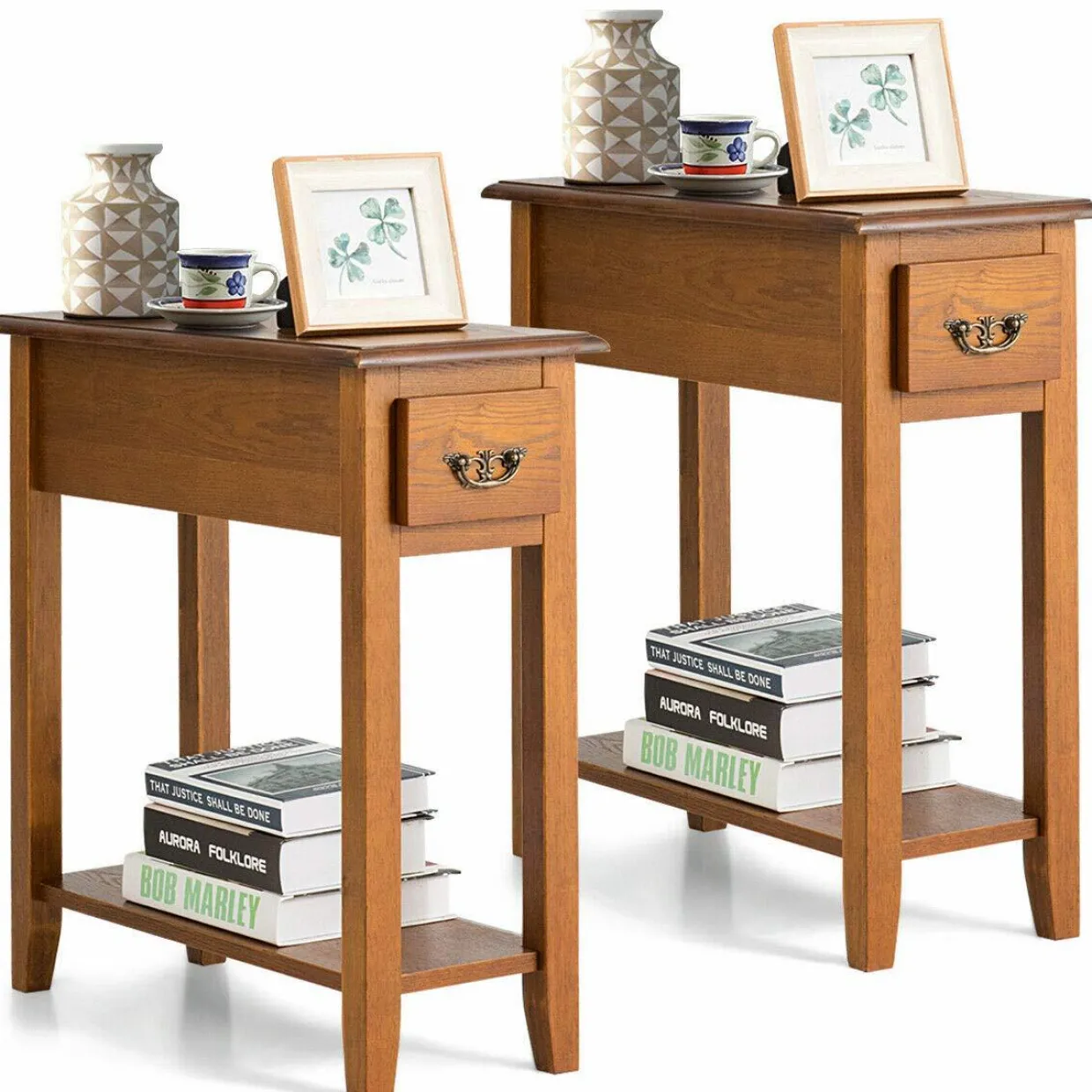 Tangkula Narrow End Table, Slim Side Table with Drawer and Open Shelf