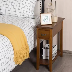 Tangkula Narrow End Table, Slim Side Table with Drawer and Open Shelf
